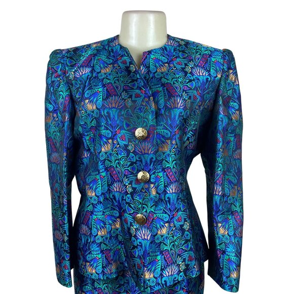 Vintage Guy Laroche Turquoise Satin Skirt & Jacket Set With Floral Print  Sz W14 - Picture 4 of 13